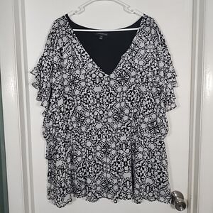 Lane Bryant Blouse Women's 28 Top Black White Ruffle Flutter Sleeve V-neck Lined